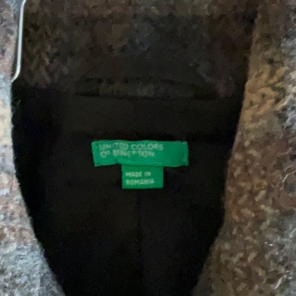 Brown, grey, beige plaid 3/4 length wool coat, double breasted, round collar - Picture 6 of 6